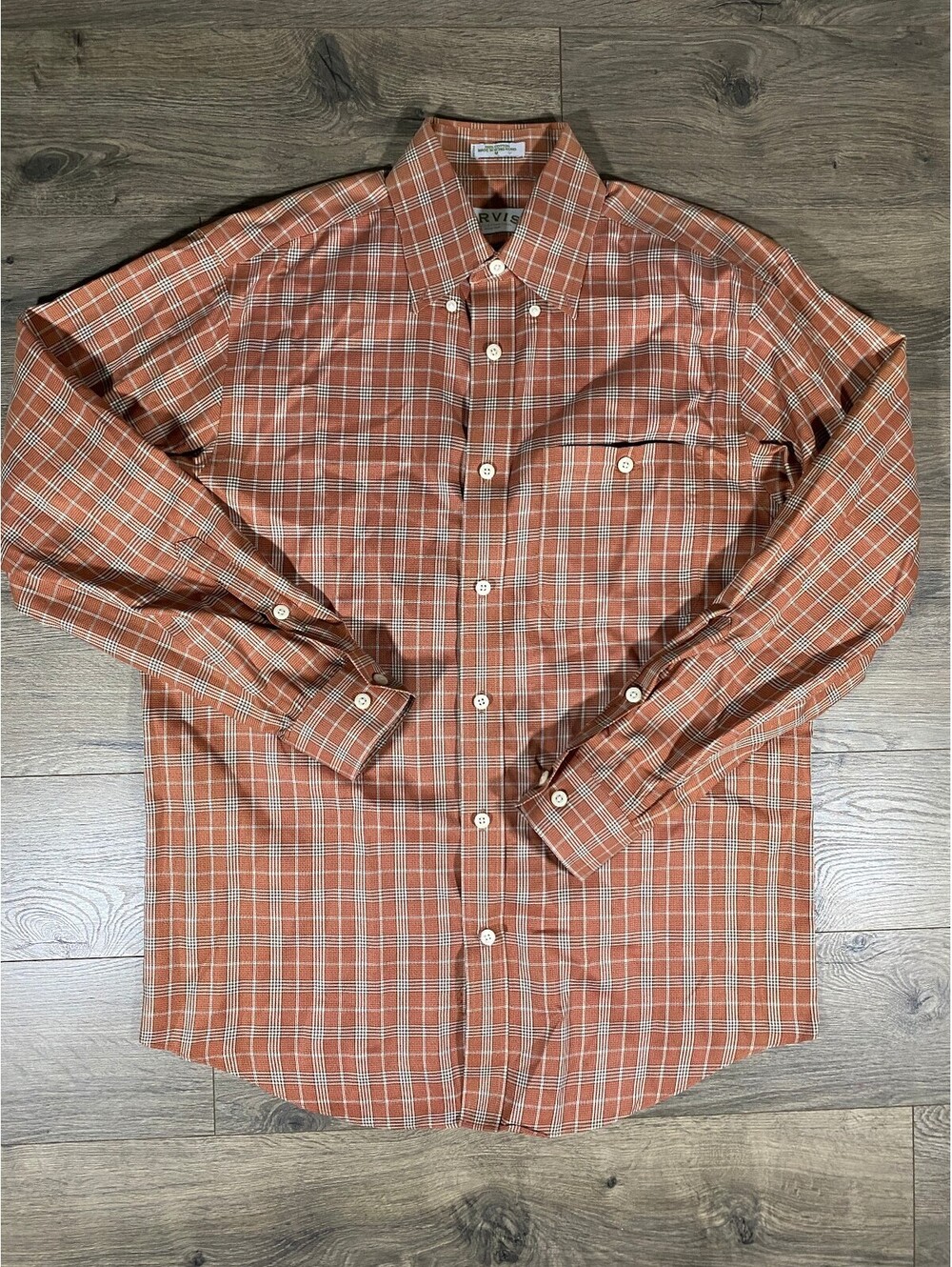 Vintage Orvis Signature Collection Shirt Mens M Brown Plaid Hong Kong Cotton